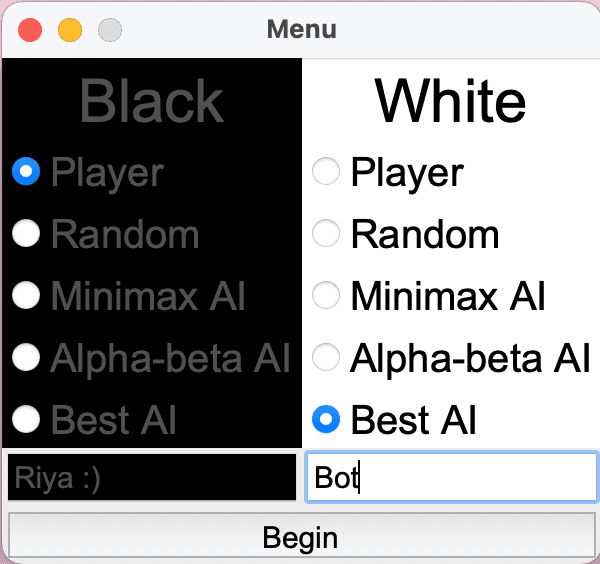 Riya Dev AI othello project starting screen
